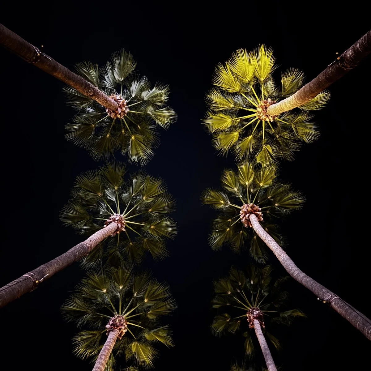 Palmeras cover art: fan palms at night, lit from below against a black sky